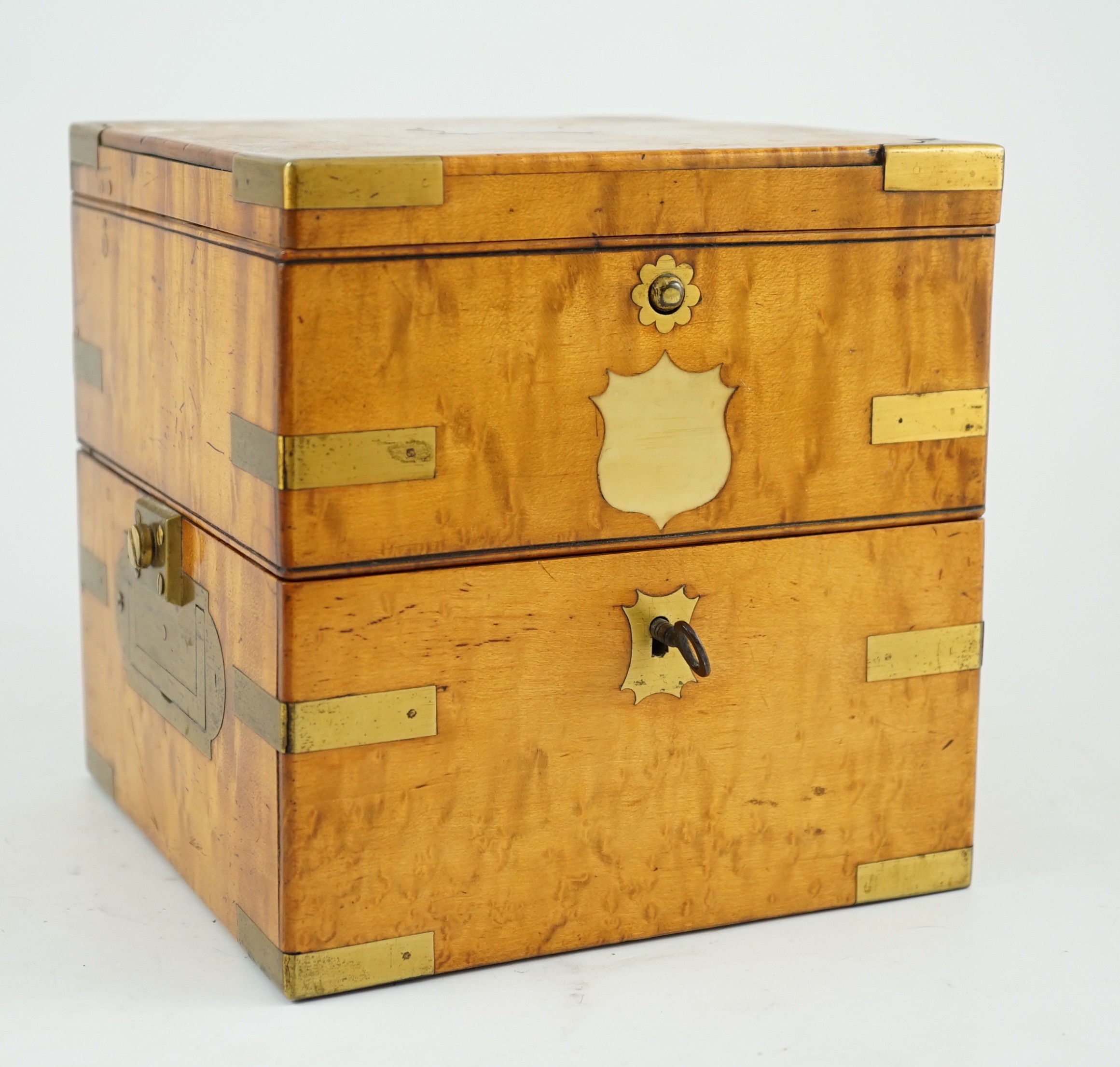 John Carter, Cornhill, London. Maker to the Royal Navy. A brass bound birds eye maple cased two day Marine Chronometer, width 16cm depth 16cm height 16.5cm